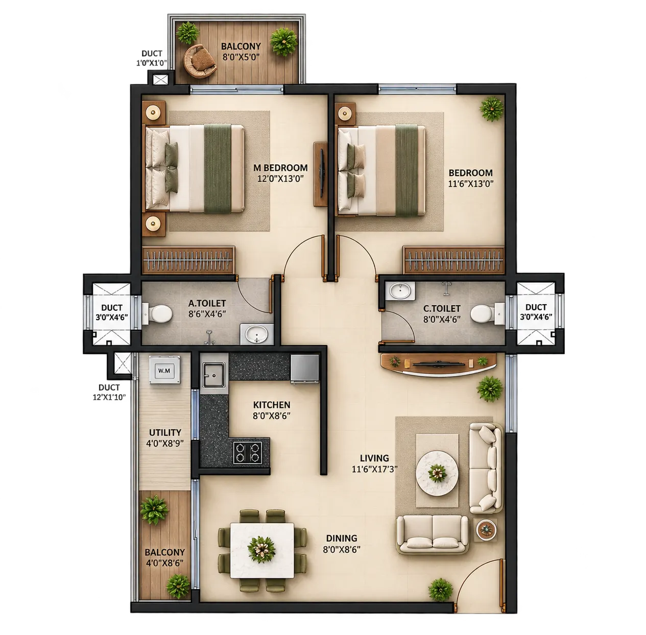 Floor plan of the 2 BHK: living and dining with a balcony, kitchen and utility, a master bedroom with its own toilet and balcony, a second bedroom and a common toilet.
