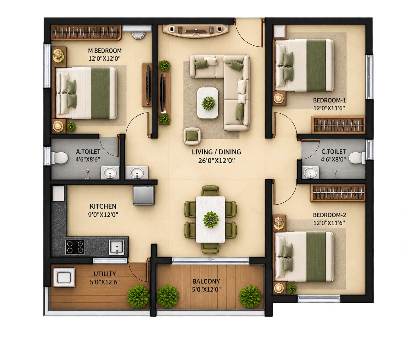 Floor plan of the 3 BHK with two bathrooms: a 26-foot living and dining room at the centre, three bedrooms, kitchen with utility, and a balcony.