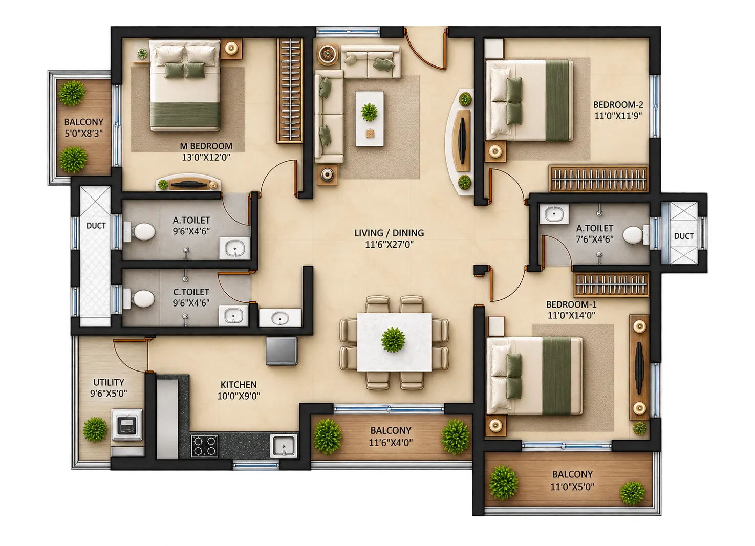 Floor plan of the 3 BHK with three bathrooms: a 27-foot living and dining room, three bedrooms with two attached toilets, kitchen, utility and three balconies.