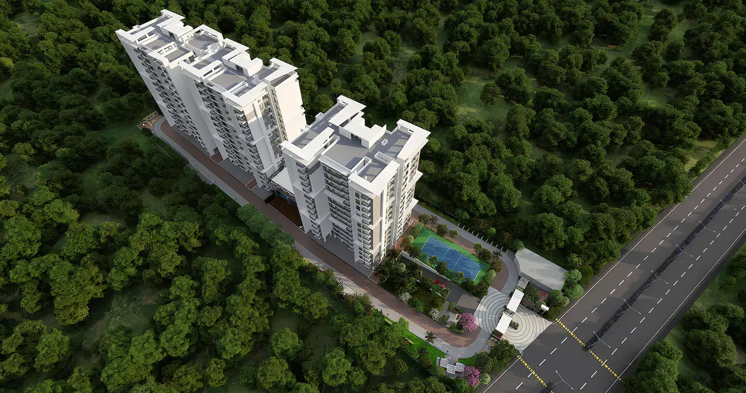 An aerial view of the two white towers set in green, with the pool and a court beside the main road.