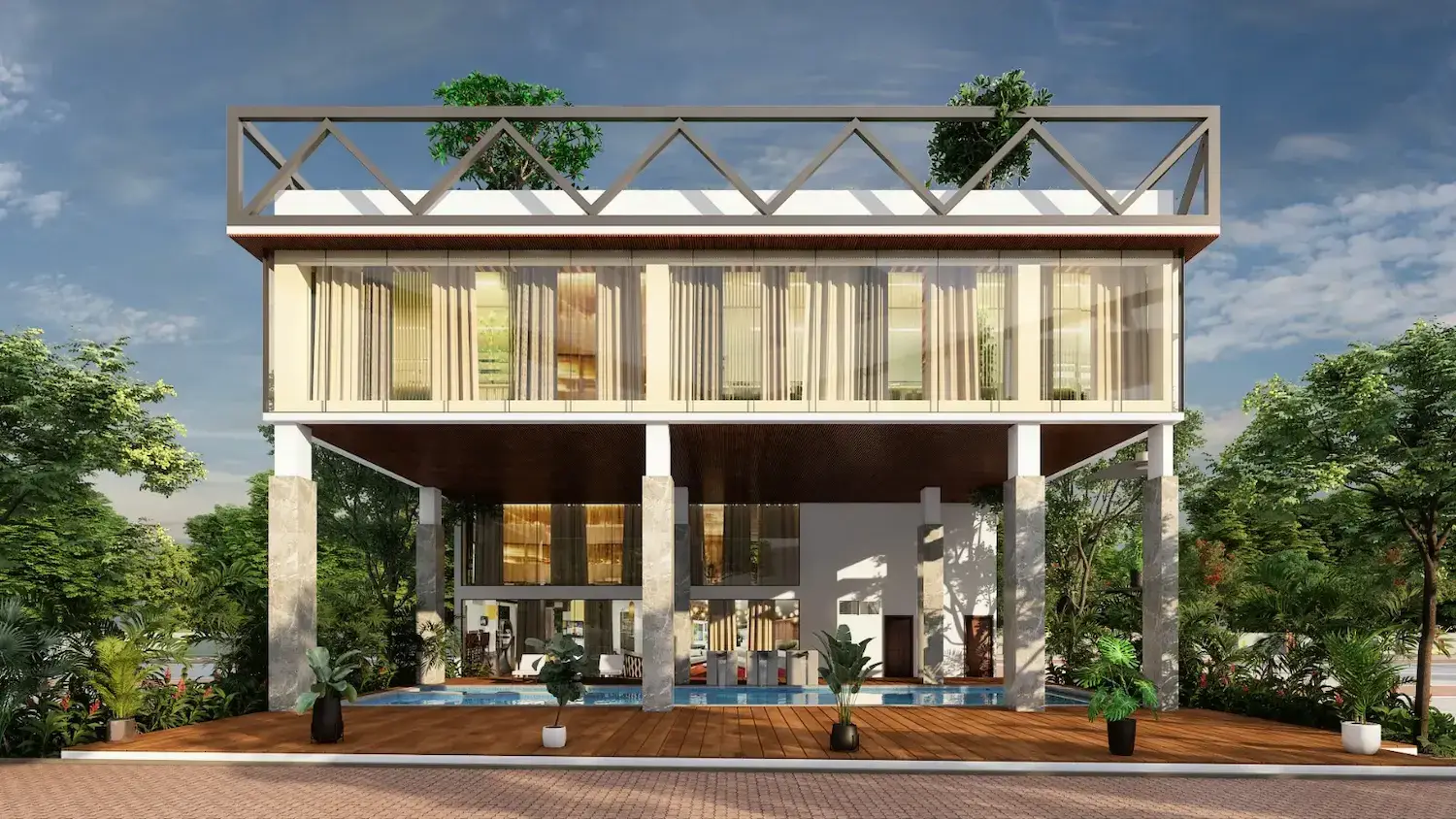 The clubhouse pavilion on timber decking beside the pool, with planters and loungers under its open ground floor.