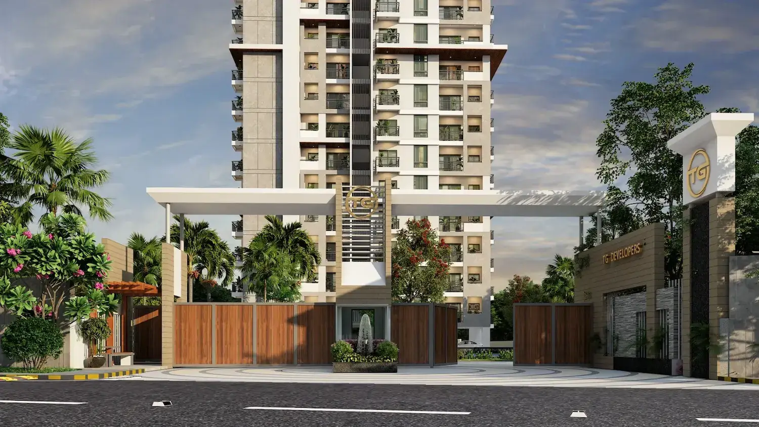 The TG Legacy entrance: a white portal arch over timber gates, the tower rising behind.