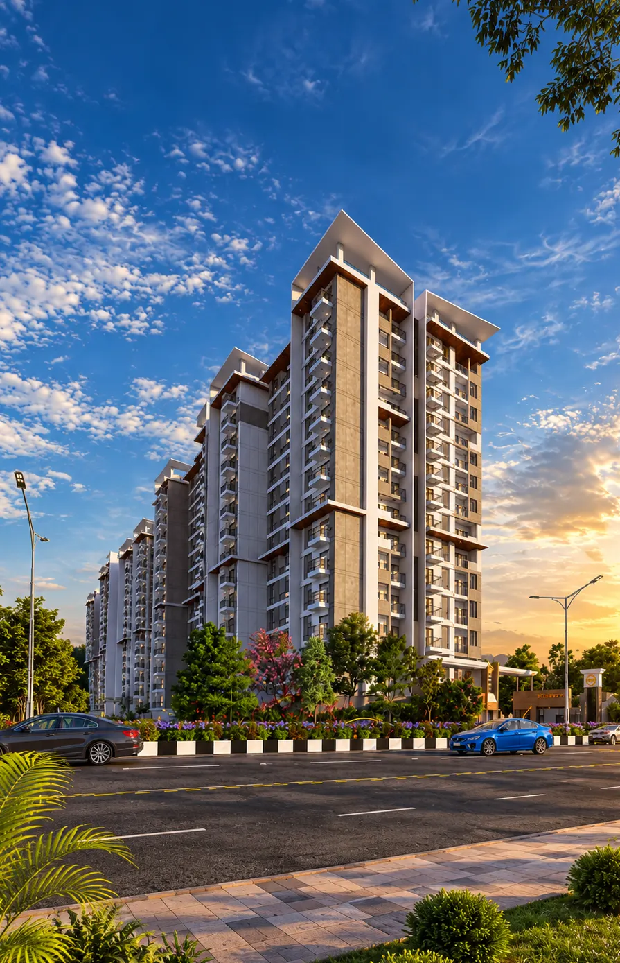 The two TG Legacy towers at golden hour, white and grey with wood-tone balconies, seen from the main road across landscaped gardens.