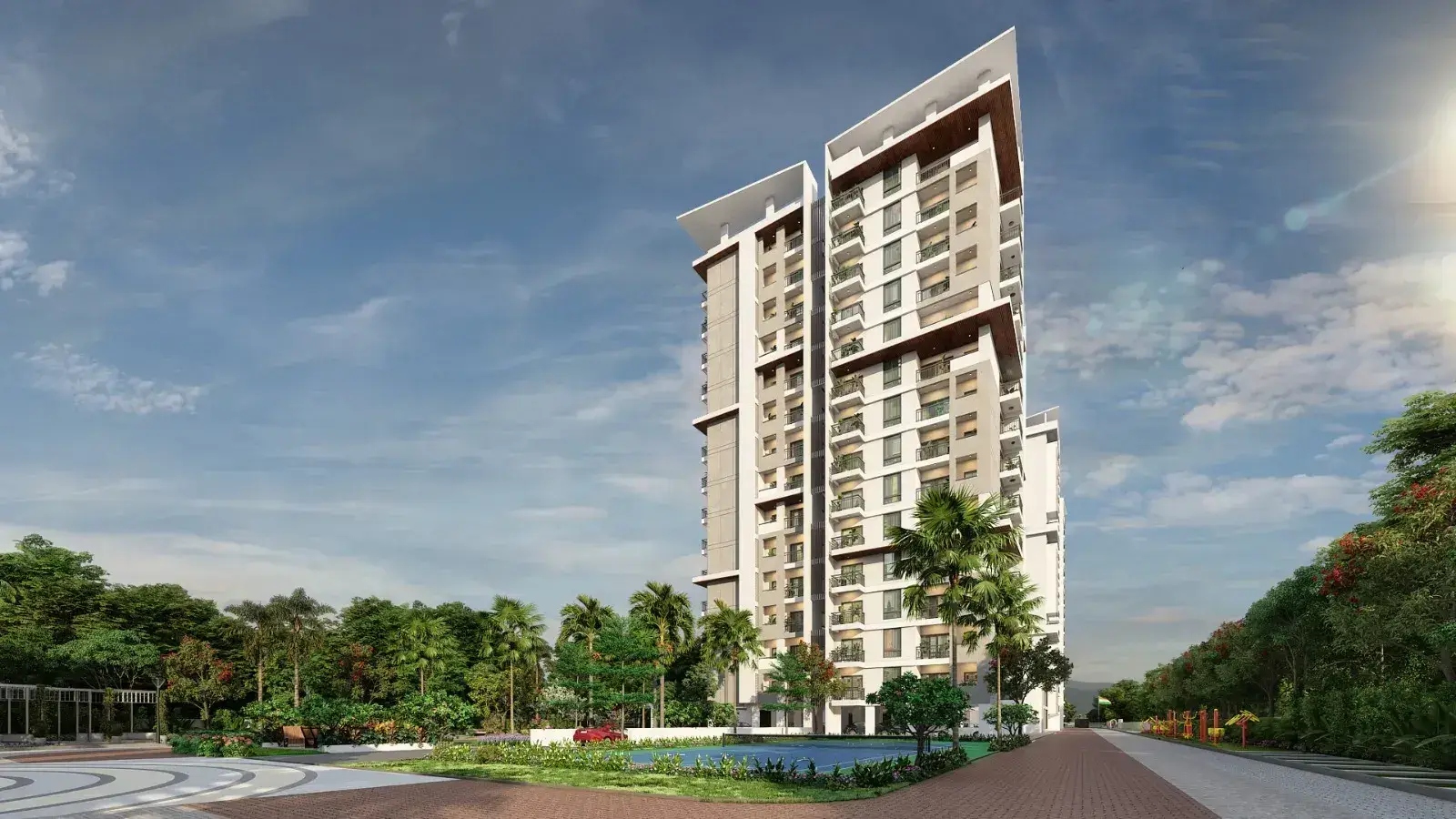 A TG Legacy tower rising above palms and a long reflecting pool, seen down the landscaped drive.